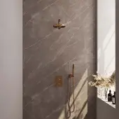 Brauer Copper Carving thermostatische inbouw regendouche 3-weg omstelling SET 30 met 30 cm douchekop en plafondarm en staaf handdouche en doucheslang en wandaansluitbocht koper geborsteld PVD