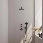 Brauer Black Carving thermostatische inbouw regendouche SET 09 met 20 cm douchekop en gebogen muurarm en 3-standen handdouche en doucheslang en wandaansluitbocht mat zwart