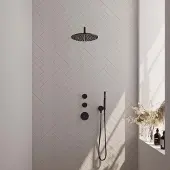 Brauer Black Carving thermostatische inbouw regendouche SET 04 met 30 cm douchekop en gebogen muurarm en staaf handdouche en doucheslang en wandaansluitbocht mat zwart