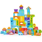 Ecotoys Houten blokken - 100 stuks - stad thema - kleurrijk