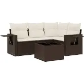 vidaXL 5-delige Loungeset met kussens poly rattan bruin