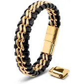 SERASAR Lederen Armband Heren [Steel] - Goud 17cm - met Sieradengeschenkdoos