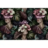 Karo-art Fotobehang Abstracte Vrouwelijke Gezichten Tussen Bloemen - Vliesbehang - 208 x 146 cm