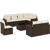 vidaXL 9-delige Loungeset met kussens poly rattan bruin