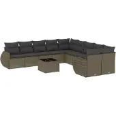 vidaXL 11-delige Loungeset met kussens poly rattan lichtgrijs