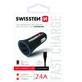 Swissten USB Autolader 2.4A Stroom met 2x USB + KABEL Lightning, Auto-adapter, Zwart