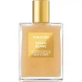 Tom Ford Soleil Blanc: Glanzende olie, rozentende, met glitters, universeel, 100 ml, fles. Geur: amber, benzoë, bergamot, kardamom, kokos, jasmijn, roze peper, pistache, tonkaboon...