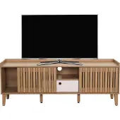 Mendler TV-rek -M48, lowboard TV-meubel, schuifdeur 56x150x40cm ~ naturel, lade wit