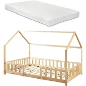 En.casa Kinderbed Sisimiut met uitvalbeveiliging en matras 120x200 houtkleurig