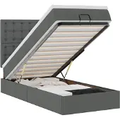 vidaXL Bed poef met matras en LED's 90x200 cm stof donkergrijs