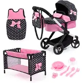 Bayer XEO poppenwagenset, verstelbare duwstang, om te bouwen tot jogger, tas, bed, poppenaccessoires, in zwart/wit/roze