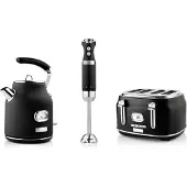 WESTINGHOUSE Retro ontbijtset, broodrooster met 4 groeven, elektrische waterkoker, staafmixer, Staafmixer, Zwart