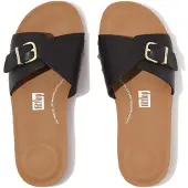 FitFlop Iqushion Adjustable Buckle Leather Slides ZWART 36