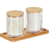 Relaxdays wattenschijfjeshouder met plateau - 2 potjes met deksel - organizer - kunststof en bamboe