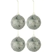 Jline Doos van 4 kerstballen fijne steentjes glas grijs/groen