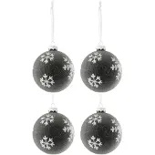 J-Line Doos van 4 kerstbal parels+sneeuwvlok glas grijs donker/wit small