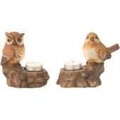 J-Line Windlicht+uil porselein bruin assortiment van 2