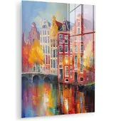 MuchoWow Glasschilderij 120x160 cm - Schilderij acrylglas - Grachtenpanden - Kunst - Schilderij - Amsterdam - Foto op glas - Muurdecoratie woonkamer - Wanddecoratie slaapkamer - Schilderijen