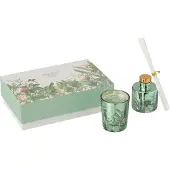 J-Line geschenkset geurkaars + geurstokjes Walk In The Woods - Evergreen & Silver birch - groen