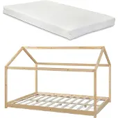 En.casa Kinderbed Cerro huisbed met matras 140x200 cm houtkleurig