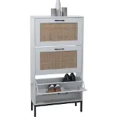 MCW Schoenenkast -N92, schoenenkantelaar schoenenrek, 3 vakken rotan front melamine, 126x63x24cm ~ wit