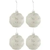 J-Line Doos van 4 kerstballen lijnen glitter+parels wit/zilver glas mat wit medium