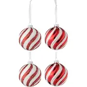 J-Line Doos van 4 kerstbal 2+2 lijnen glas wit/rood large