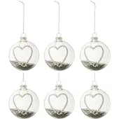 J-Line Doos van 6 kerstballen hart strass zilver sterretjes glas klaar small