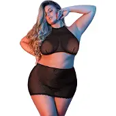 Exposed Magic Silk - Polka Dot Mesh Halter & Skirt Set - Black