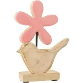 J-Line Vogel met bloem hout roze small