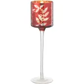 J-Line T-lichthouder op voet blaadjes glas rood/antiek goud small