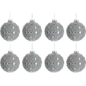 J-Line Doos van 8 kerstbal rond patroon glas antiek grijs small 8cm