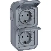 Legrand Stopcontacten, Plexo NEW APWG 069744L Schuko wandcontactdoos IP44 grijs 2-voudig verticaal.