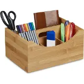 Relaxdays Pennenbakje bamboe, 4 vakken bureau organizer, handgreep, pennenhouder