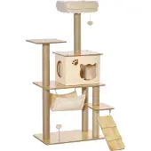 PawHut Paws Speelplatform voor katten - met krabpaal, huisje, handmat - 60 x 40 x 130 cm