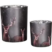 Clayre & Eef Theelichthouder Set van 2 Ø 7x8 / 10x13 cm Grijs Glas Hert