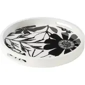 J-Line Dienblad rond met handvaten bloemen mangohout zwart/wit