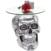 Mendler Bijzettafel schedel -A19, polyresin glazen tafel woonkamer tafel, zilver 52x55x55cm