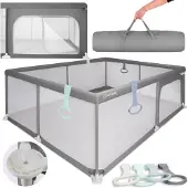 Sun baby Kinderbox met groene handvat 150x200 cm 0-2 jaar Grijs, polyester, netwanden, ingang met rits, antislipvoetjes, draagtas inbegrepen, metalen frame