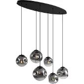 QAZQA Art Deco Hanglamp Zwart met Ovale Plafondplaat en Smoke Glas 6-Lichts - Douglass