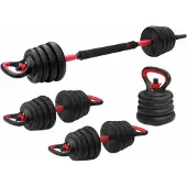Fitpaddy Gewichten set - Halterset - Halterstang - Dumbells - Kettlebell - 3 in 1 - tot 15kg - Zwart/Rood