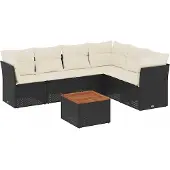 vidaXL 7-delige tuinmeubelset met kussens, zwart, polyrotan