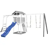 Axi Beach Tower Speeltoestel van hout in Grijs en Wit | Speeltoren met zandbak, klimrek, dubbele schommel en blauwe Glijbaan | Speelhuis op palen voor de tuin