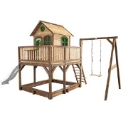 Axi Liam Speelhuis op palen, zandbak, dubbele schommel & witte Glijbaan | Speelhuisje voor de tuin / buiten in bruin & groen van FSC hout | Speeltoestel voor kinderen