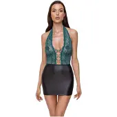 Cottelli - glanzende jurk met veters en kant (zwart-groen) - XL