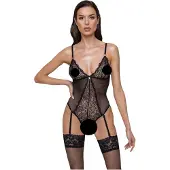 Cottelli - open body met jarretelles en kant - zwart - M