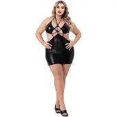 Baci Lingerie CRISS CROSS WETLOOK HALTER MINI DRESS BLACK, Q