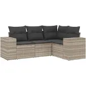 vidaXL 4-delige Loungeset met kussens poly rattan lichtgrijs