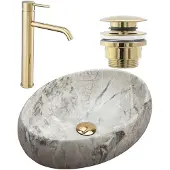 REA Linda Opzetwastafel Light Grijs + Wastafelkraan Lungo High Goud + Kurk Goud