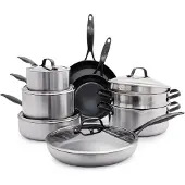 Greenpan Venice Pro Noir Pannenset 14-delig - PFAS-vrije antikleeflaag - Pannenset inductie - Keramische pan - Ovenbestendig tot 220°C - Met glazen deksel - Zilver